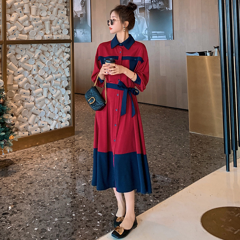 French red long-sleeved dress women's 2021 new spring temperament design sense waist slim shirt skirt long skirt - Taobao