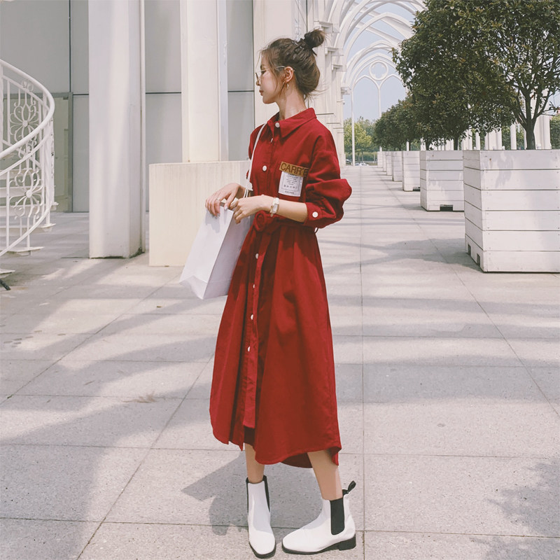 Red French-style waist-length dress women's autumn 2020 new retro temperament long-sleeved corduroy shirt dress