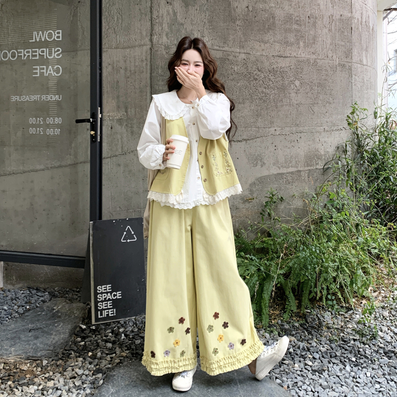 Sweet Floral Embroidery Youthful Doll Collar Wide-Leg Pants Set Summer Forest Style Lace Vest Wide-Leg Pants Three-Piece Set for Women