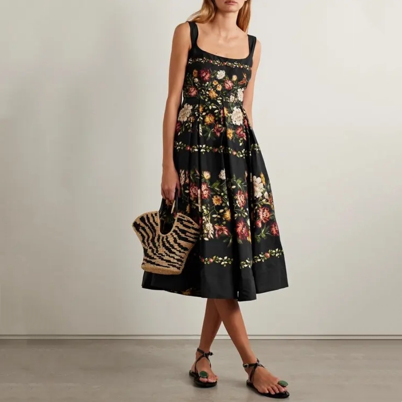 Black Background Classical Oil Painting Print Poplin Cotton Slip Dress European and American Style Waist-Cinching Flared Little Black Dress Mid-Length Dress Black Background Classical Oil Painting Print Poplin Cotton Slip Dress European and American Style Waist-Cinching Flared Little Black Dress Mid-Length Dress