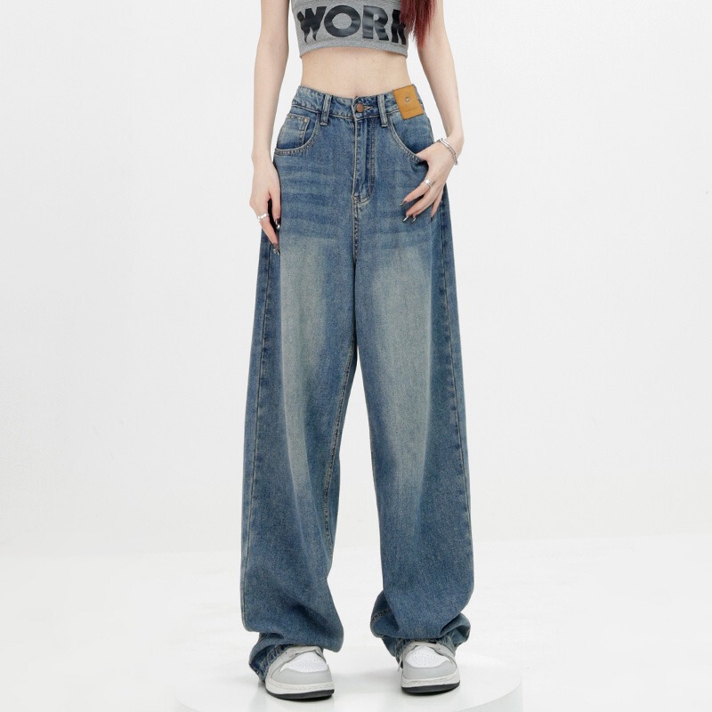 Michael Keble American Retro Jeans for Women, New Spring and Autumn Straight-Leg Design, Blue Wide-Leg Pants