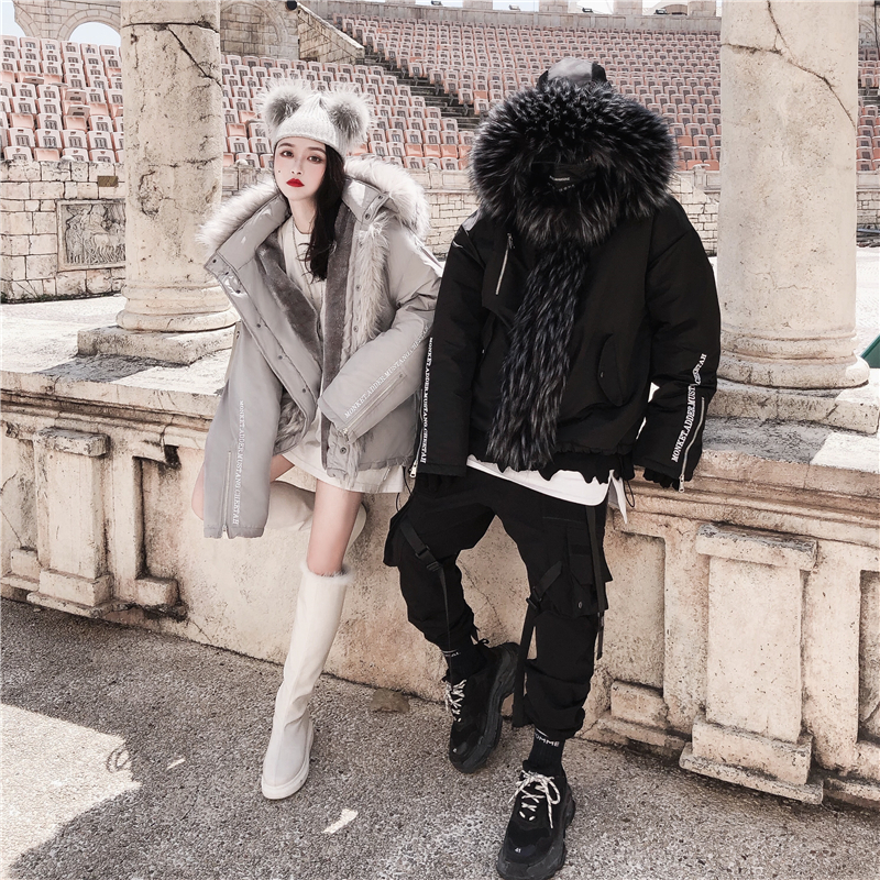 MAMC Guochao đôi nặng bốn lông cổ áo lót da thêu thêu hai màu áo khoác cotton quần áo ngồi núi khắc nam nữ áo phao lông vũ