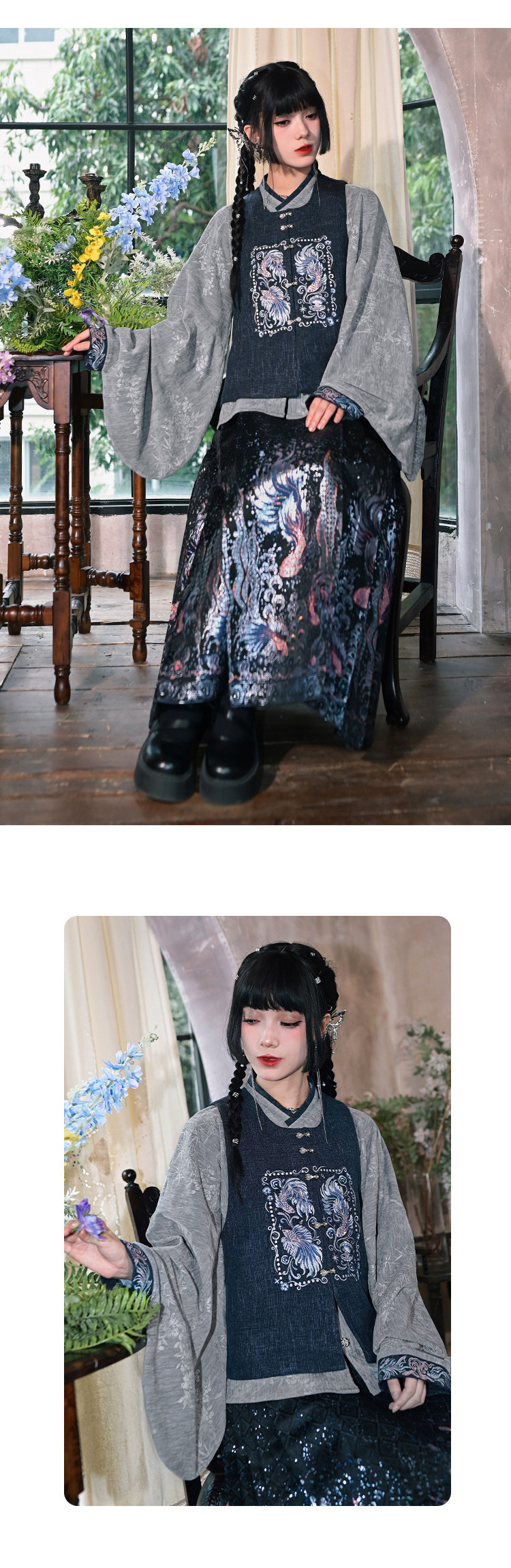 Китайцы одежда наборы 古怪舍「浮光鳍梦」原创汉服女改良明制国风比甲上衣马面裙套装冬