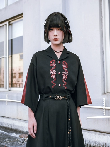 古怪舍 Летняя рубашка, с вышивкой, свободный крой, китайский стиль