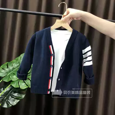 Children's clothing pure cotton thread four bars boys spring cardigan girl V collar knitted men's treasure outside sweater coat