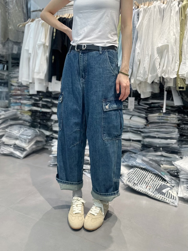 Women's Cropped Denim Work Pants 2026 Spring/Summer American Style Washed Multi-Pocket 3D Cut Loose Slimming Straight-Leg Pants