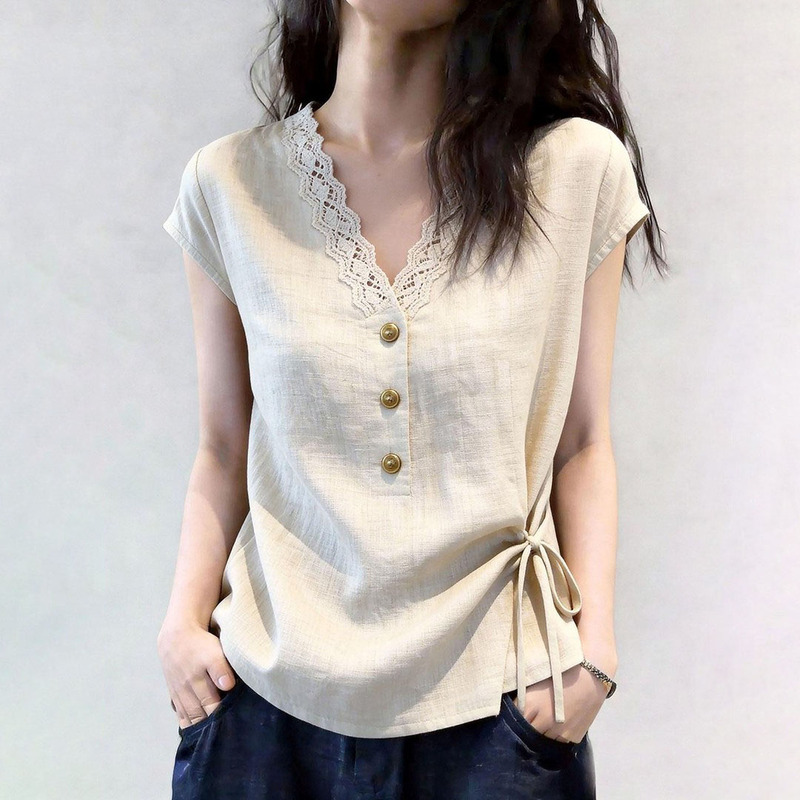 Cotton and Linen Short-Sleeved T-Shirt for Women, New Summer Style, Lace V-Neck, Half-Buttoned Shirt, Loose and Slimming, Side-Tie Linen Top Cotton and Linen Short-Sleeved T-Shirt for Women, New Summer Style, Lace V-Neck, Half-Buttoned Shirt, Loose and Slimming, Side-Tie Linen Top