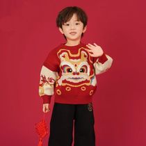 Boys New Year red sweater autumn and winter 2024 new fashion style velvet sweater for baby girls children New Year clothes