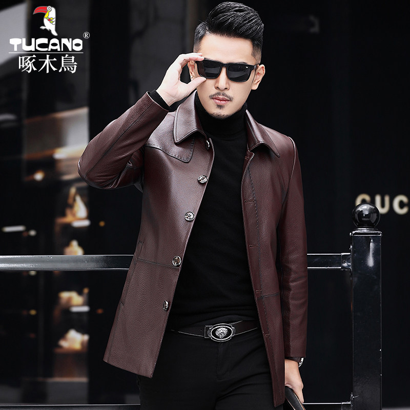 Woodpecker Haining leather leather jacket men's bull jacket long leather windbreaker youth slim lapel coat tide