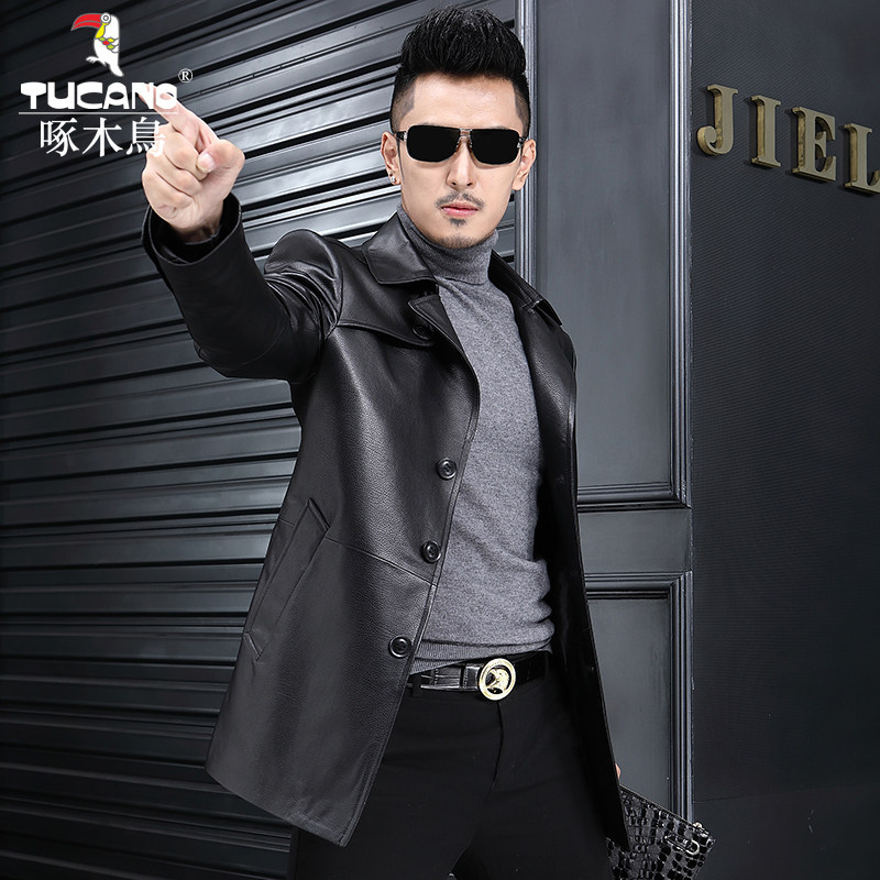 Woodpecker Haining leather men's leather trench coat men's medium and long version of goatskin suit collar down jacket men lapel jacket