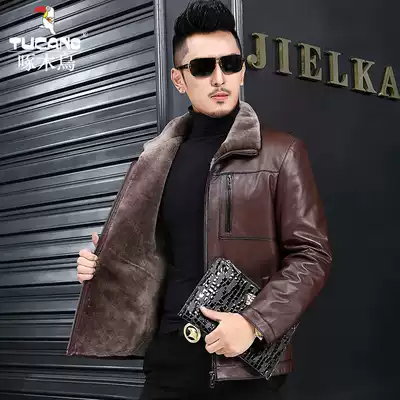 Woodpecker Haining leather leather men's wool lapel slim winter fur men's youth leather jacket men's