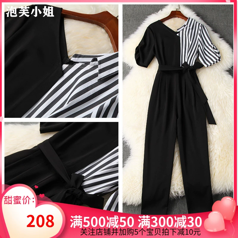 Đầm cổ chữ V chiến đấu nhận thắt eo nơ thắt nơ 9 điểm jumpsuit ngoại gas chân quần jumpsuit nữ 2020 hè - Khởi động cắt