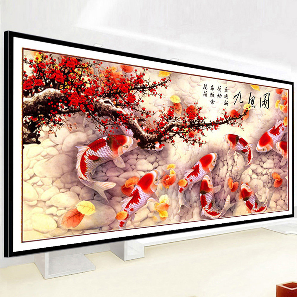 Cross-stitch 2020 line embroidery new full embroidery living room nine fish map for years there is more than feng shui to recruit money plum version