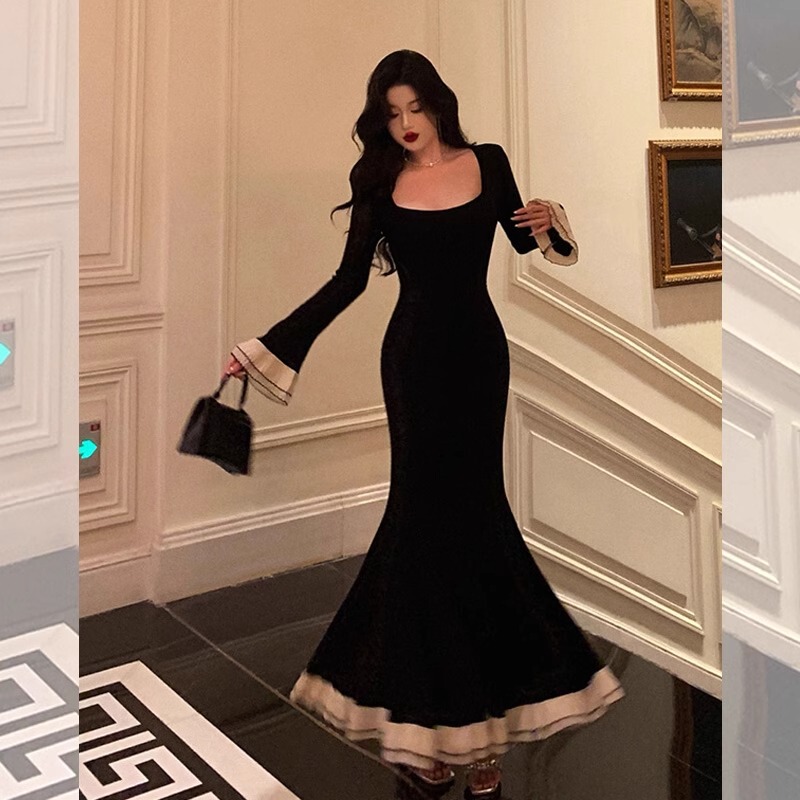 French-Style Elegant Socialite Vintage Patchwork Dress for Women with Square Neck, Flared Long Sleeves, and a Mermaid Hem