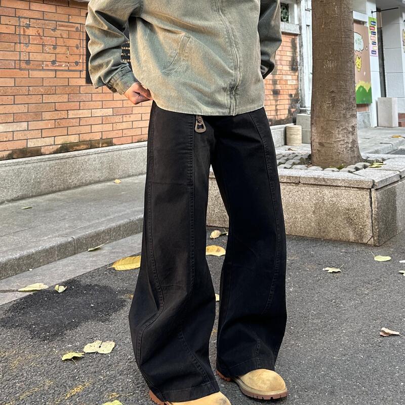 Mafu Classmates, American Retro Patchwork Deconstructed Design Scimitar-Style Work Pants, Unisex Loose Wide-Leg Long Trousers