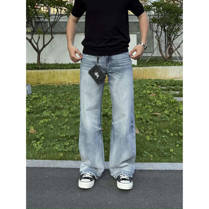 Ma Fan Classmates' American Retro Whiskered Cleanfit Ice Blue Jeans, Unisex Loose Straight-Leg Versatile Long Pants
