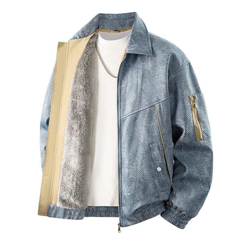New Oversized Men's Jacket, Cotton Coat, Trendy Brand, Price-Controlled, Faux Denim Jacquard, Fleece-Lined, Thickened, Warm, with a Turn-Down Collar