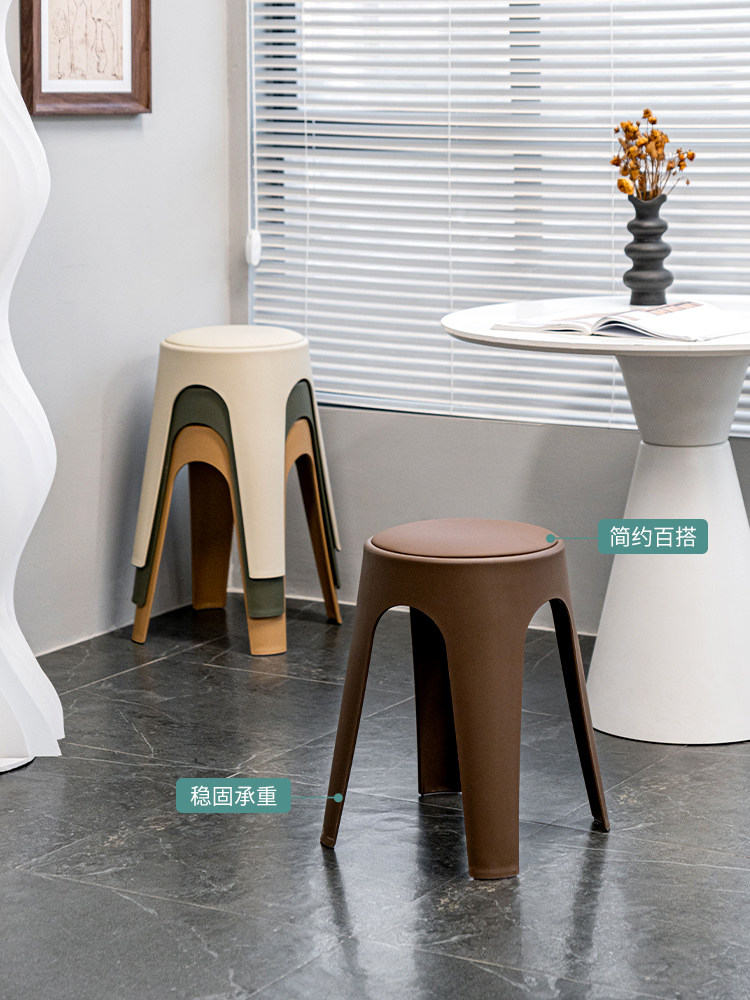 About White Scandinavian Thickened Plastic Small Stool Stackable Soft Bag High Round Stool Door Simple Shoe Changing Stool