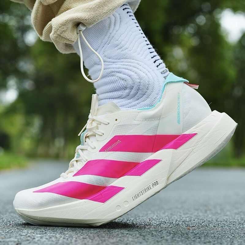 Adidas Adizero Adios Pro 4 Men's White and Pink Fabric Low-Top Long-Distance Running Shoes Kj3873