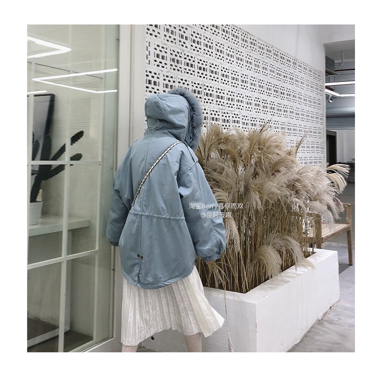 Berry thích bạn và yêu phiên bản Hàn Quốc sang trọng của chiếc áo khoác lông trùm đầu bằng vải cotton nữ giữ ấm eo giả áo nhung thỏ mùa đông 2018 - Bông áo khoác kaki nữ lót lông hàn quốc