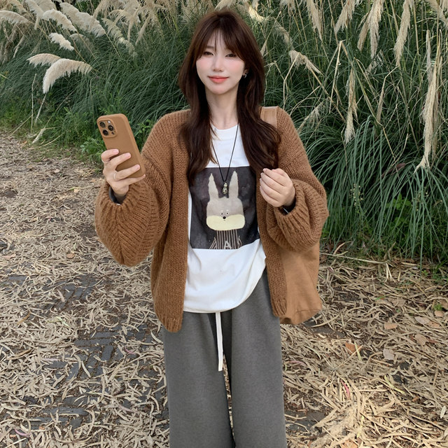 Berry likes you and likes large custom-made lazy v-neck thick-knit sweater cardigan for women loose and versatile knitted jacket