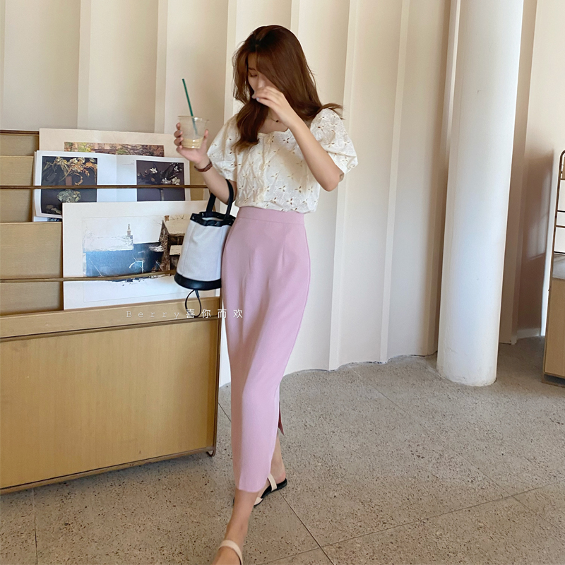 Berry like you and happy big Pang custom gentle back split long skirt versatile temperament solid color skirt female summer
