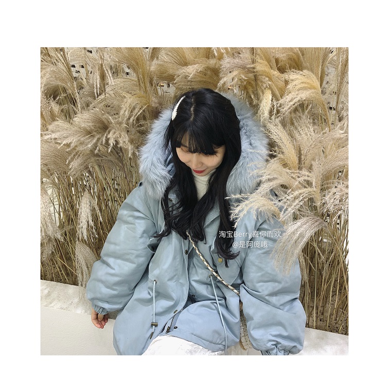 Berry thích bạn và yêu phiên bản Hàn Quốc sang trọng của chiếc áo khoác lông trùm đầu bằng vải cotton nữ giữ ấm eo giả áo nhung thỏ mùa đông 2018 - Bông áo khoác kaki nữ lót lông hàn quốc