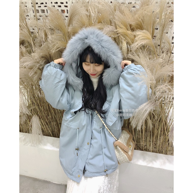 Berry thích bạn và yêu phiên bản Hàn Quốc sang trọng của chiếc áo khoác lông trùm đầu bằng vải cotton nữ giữ ấm eo giả áo nhung thỏ mùa đông 2018 - Bông áo khoác kaki nữ lót lông hàn quốc