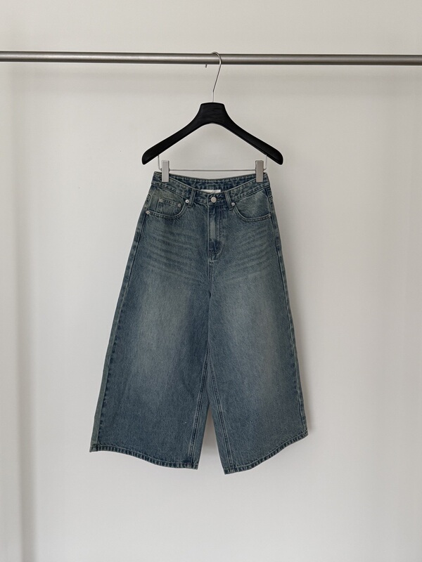 Korean Low Flat Fashionable Blogger Retro Blue Gradient High-Waisted Straight-Leg Cropped Denim Pants