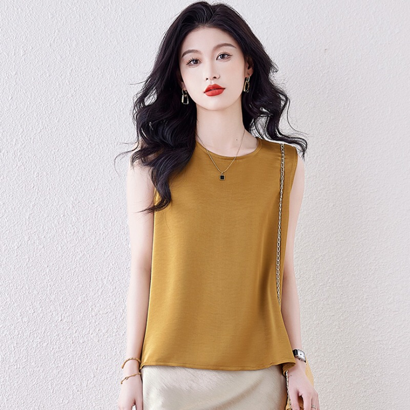 Elegant Elegant Satin Silk Sleeveless Shirt for Women Summer Asymmetrical Pure Color Versatile Round Neck Vest Mulberry Silk Top