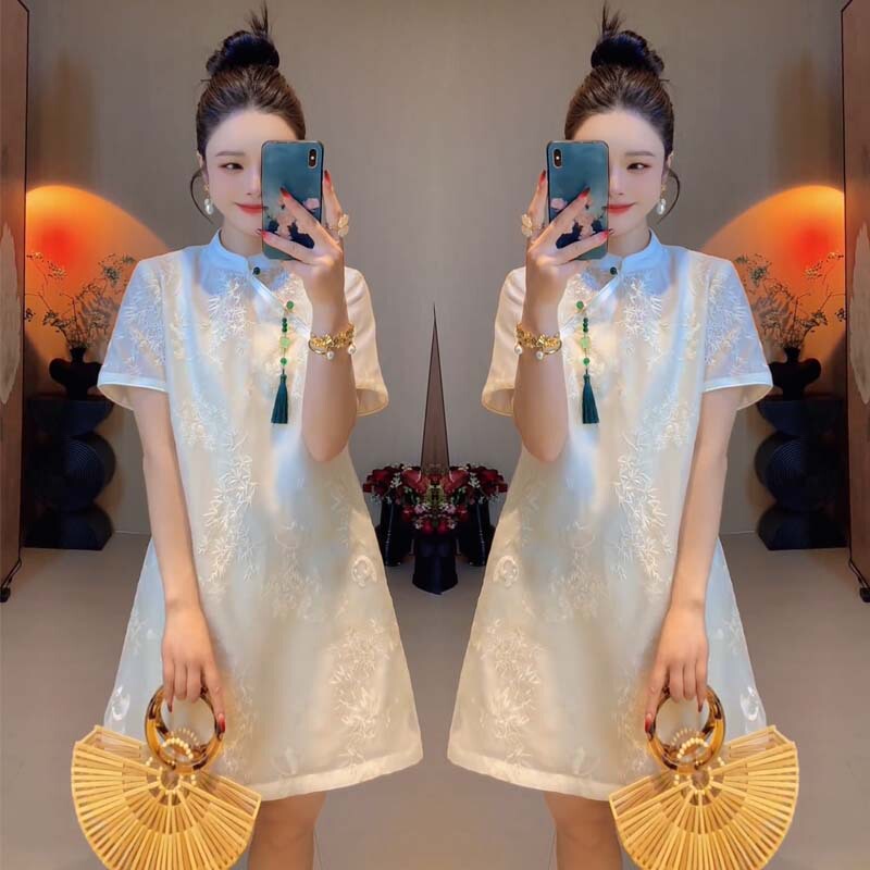 2025 Summer New Style New Chinese National Style Jacquard Embroidery Vintage Buttoned Cheongsam Dress Mid-Length Dress for Women Trendy