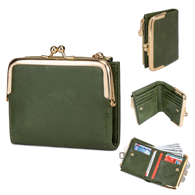 Retro Green Short Wallet for Women with Metal Buckle Foldableing Coin Purse Multifunctional Card Holder Mini Hand-Held Wallet Leather Bag