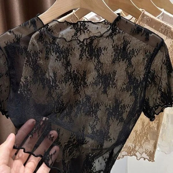 Summer Lace Short-Sleeve Shirt for Women, Hollow Mesh Base Shirt, Round Neck, Slim Fit, Versatile Sun Protection Cover-Up, Casual Summer Lace Short-Sleeve Shirt for Women, Hollow Mesh Base Shirt, Round Neck, Slim Fit, Versatile Sun Protection Cover-Up, Casual