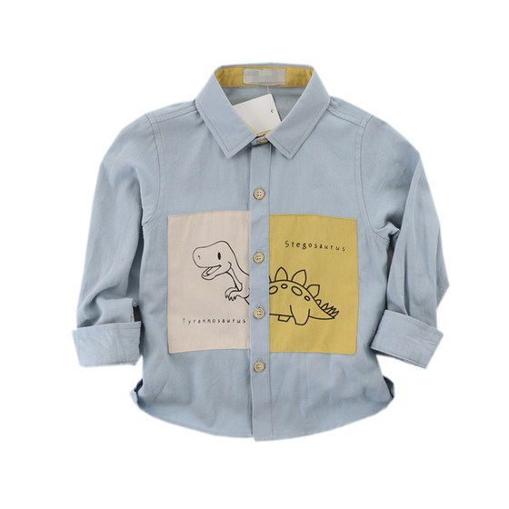 21 spring and autumn new children's pure cotton dinosaur patch long-sleeved shirt boy baby blue cartoon soft shirt trendy