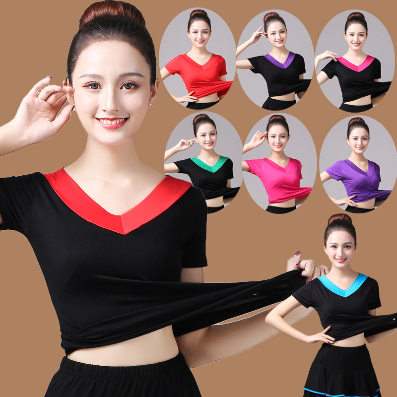 Middle-Aged and Elderly Women's Square Dance Clothing V-Neck Top New Modal T-Shirt Dance Clothes Short-Sleeved Practice Clothes