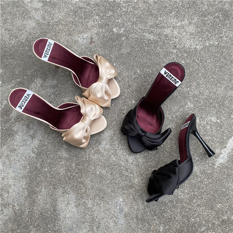 Foreign Trade Large Size Shoes Niche Bow High-Heeled Slippers French Style Mules Half Slippers High-Heeled Sandals for Summer Outdoor Wear