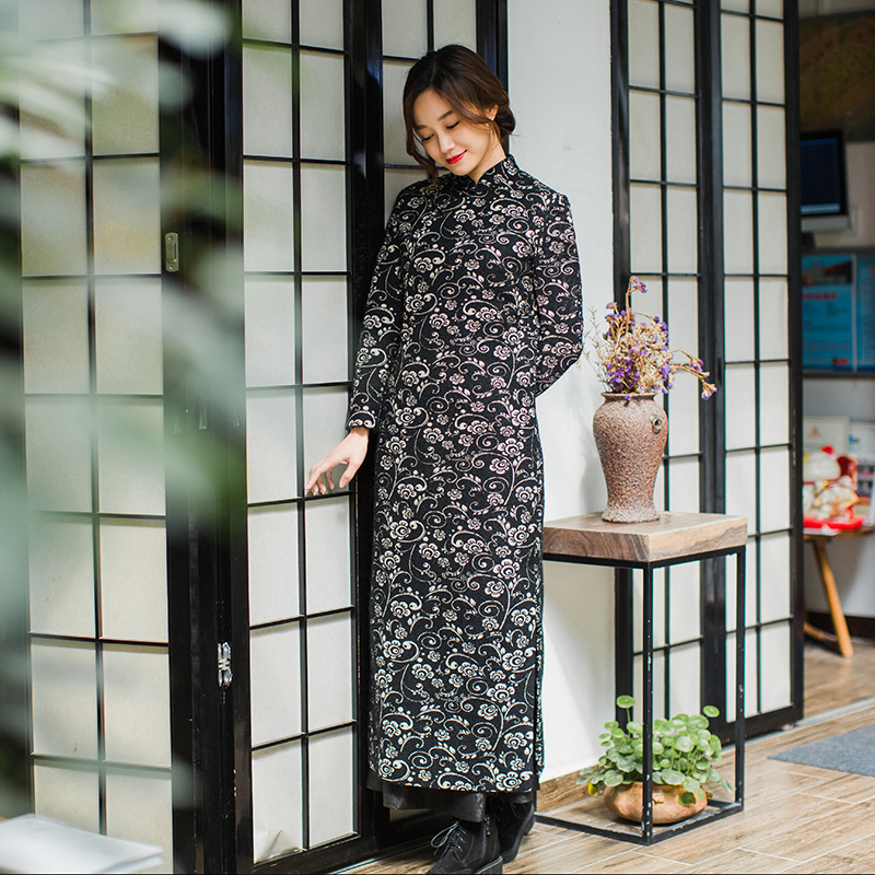 Zhu's original (pleasing of the heart) jacquard cotton linen casual qipao temperament new female long coat autumn and winter style