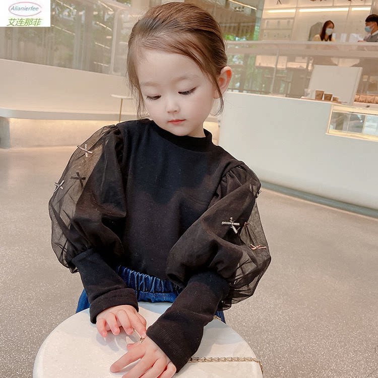 Chic puff sleeve top red style 2022 autumn new girl baby retro high collar bottoming shirt long-sleeved T-shirt