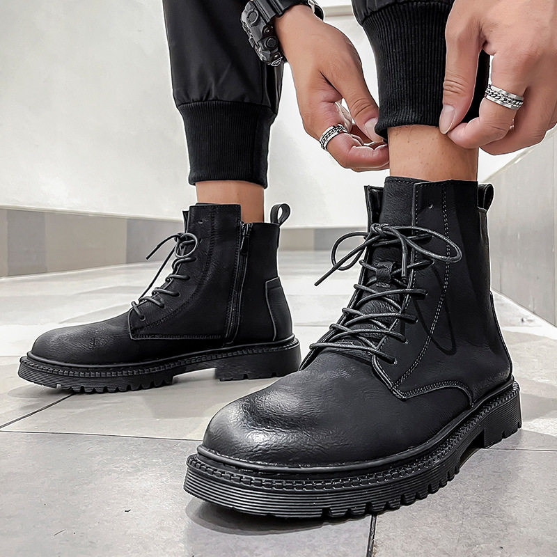 New autumn and winter Martin boots men's tall leather British style plus velvet men's boots black thick bottom inner heightening tooling leather boots