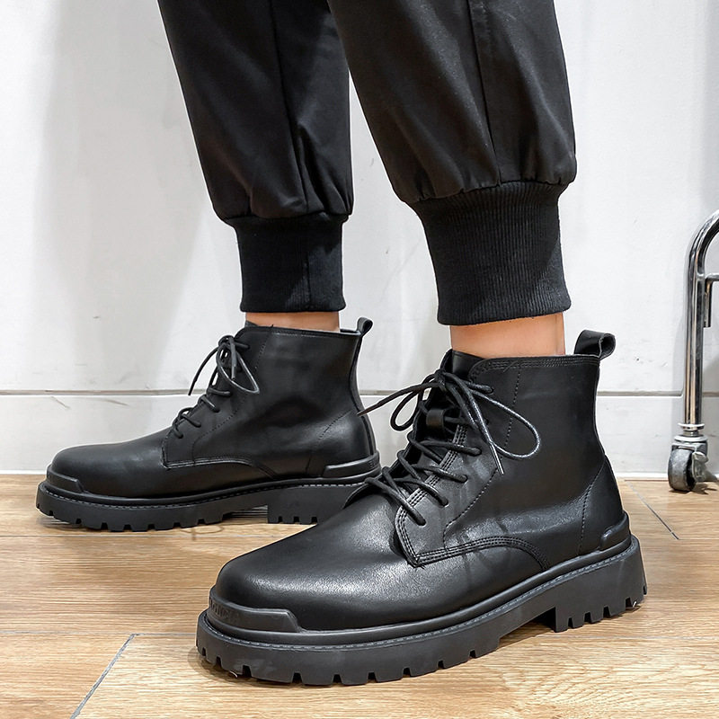 Autumn men's shoes leather Martin boots men's British windmill ins tooling boots plus velvet high tube black mid-tube leather shoes