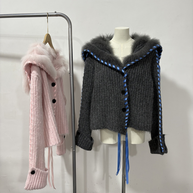 Navy Collar Real Fox Fur Cardigan Sweater Coat for Women, Autumn and Winter 2025 New Fashion Trendy Style, Lazy Style