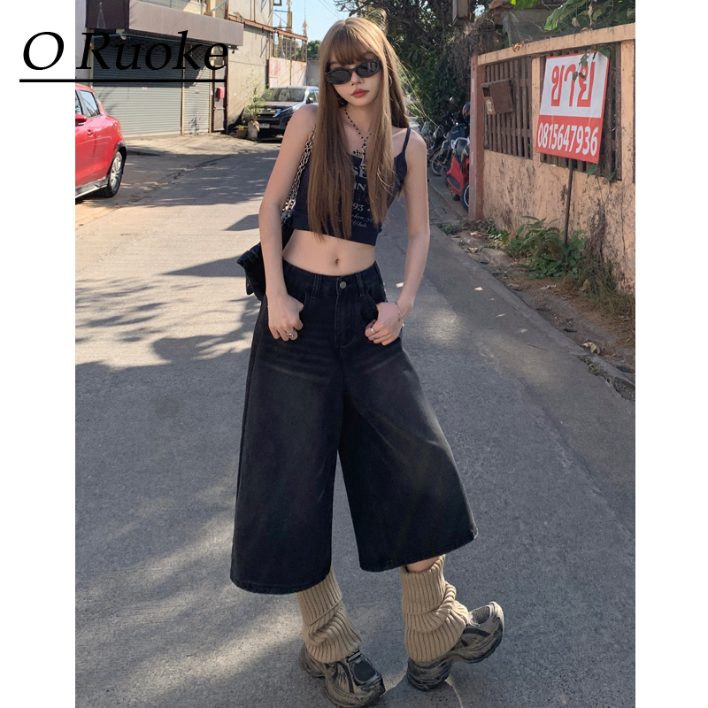 Black and Gray Washed Cropped Denim Shorts for Women, Summer 2026 New Style, American Retro High-Waisted Loose Slimming Wide-Leg Shorts