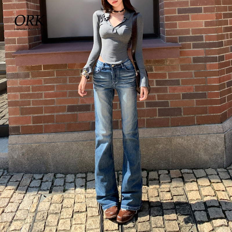 Heavy-Duty Washed Denim Narrow Straight-Leg Jeans for Women, American Retro Low-Rise Distressed Slim-Fit Stretch Floor-Length Pants