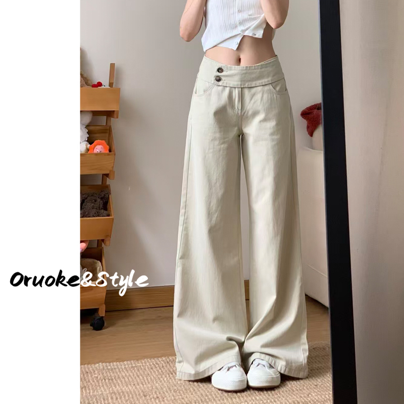 Khaki Casual Loose Wide-Leg Jeans for Women with a Stylish Double-Button Waistband, Hip-Covering, Slimming, Low-Waist Straight-Leg Pants Khaki Casual Loose Wide-Leg Jeans for Women with a Stylish Double-Button Waistband, Hip-Covering, Slimming, Low-Waist Straight-Leg Pants