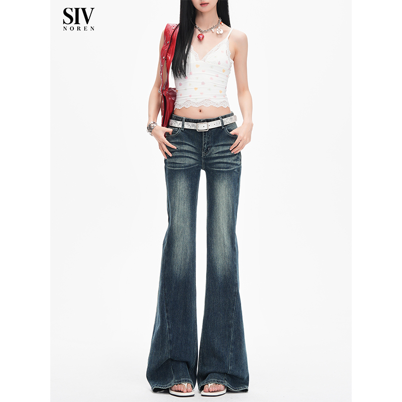 Sivnoren~Giselle Style Faded Whiskered Flared Jeans for Women, Low-Waisted, Slim-Fitting, Stretchy Pants