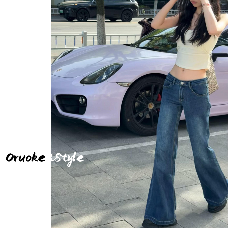 Dark Blue Low-Waisted Flared Jeans for Women, 2026 Spring, American Retro Style, Non-Tight, Stretchy, Floor-Length Bell-Bottom Pants