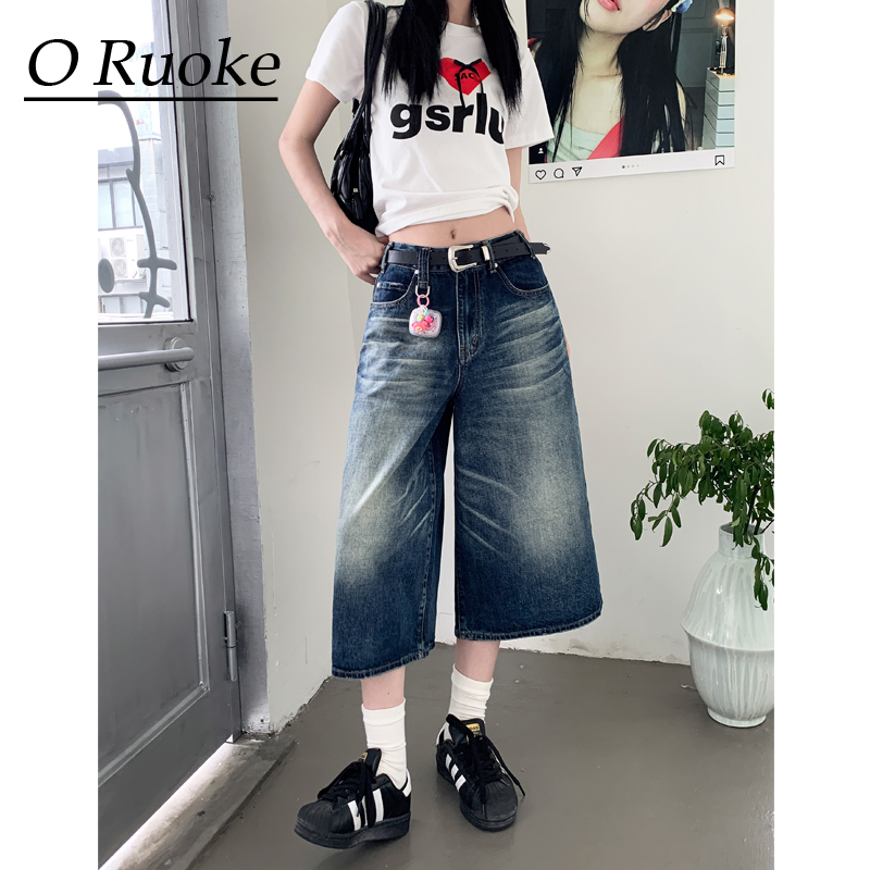 American Retro Washed Denim Shorts for Women, Summer 2026 New Style, High-Waisted, Loose Fit, Slimming, Straight Wide-Leg Mid-Length Shorts