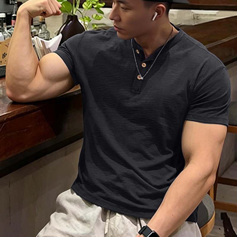 American-Style Fitness Clothing for Men, Short-Sleeved with Cuff Details, Muscle-Enhancing, Breathable Training Short-Sleeve Shirt, Running Sports Bamboo Cotton Henley Shirt