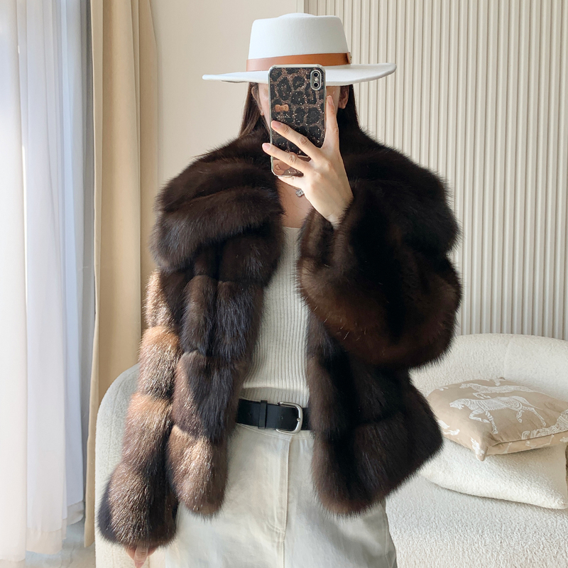 Angel Wings Russian Sable Starry Sky Black Gold Short Fur Coat with Shawl Collar for Women