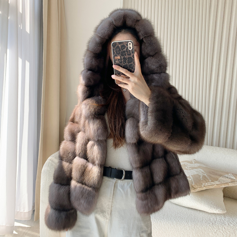 2026 New Imported Russian Sable Fur Coat for Women, Short Style with Hood, Horizontal Arrangement, Fashionable Light Luxury Coat